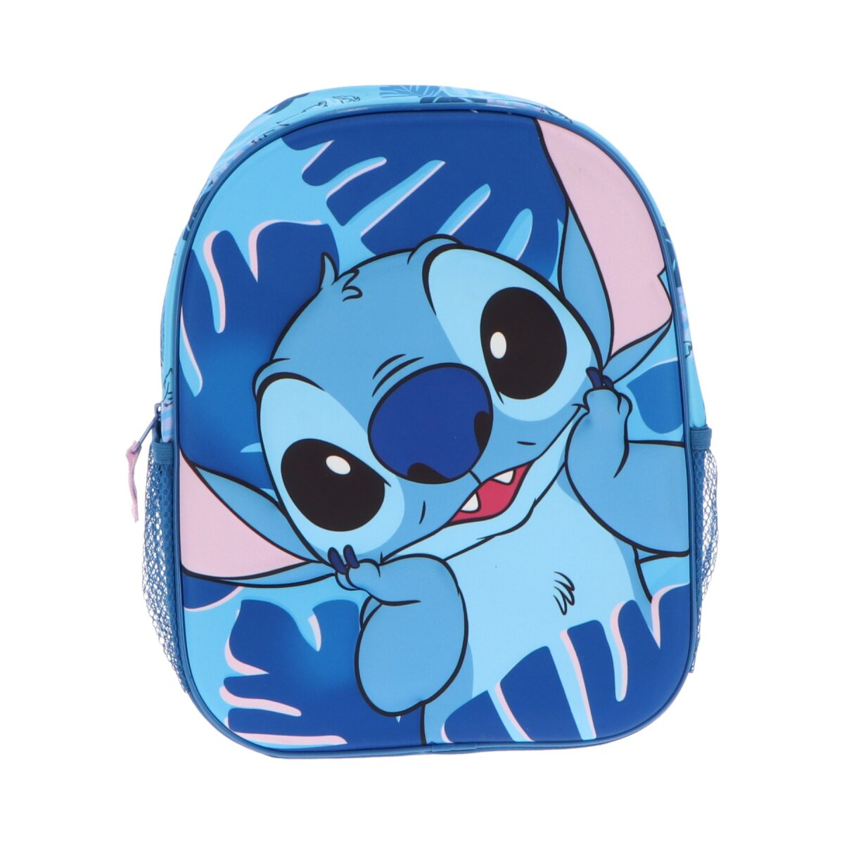 A blue backpack with a Stitch character design, featuring a happy Stitch, blue leaves, and a pink zipper.