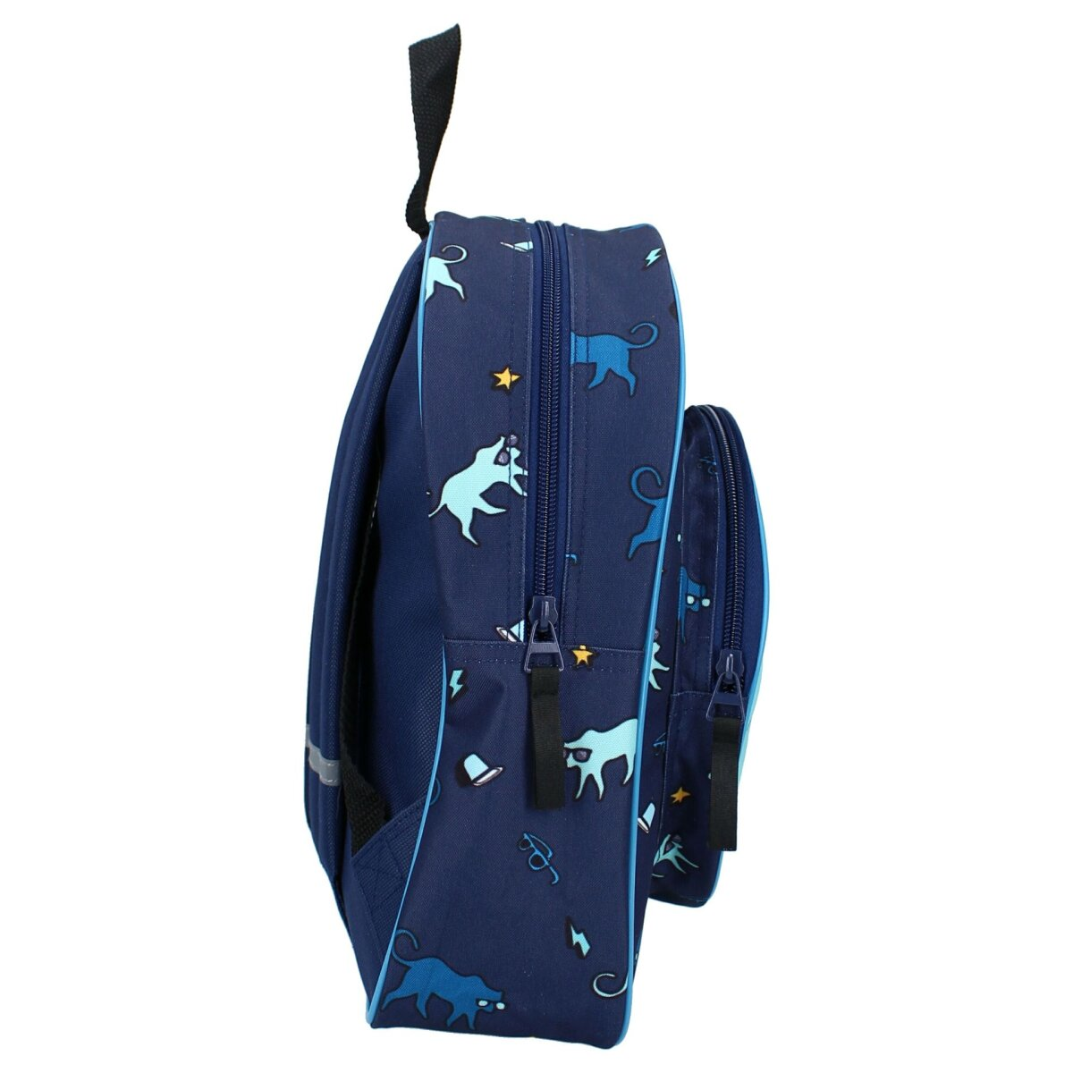 Navy backpack with blue bull pattern, black handle. White background.