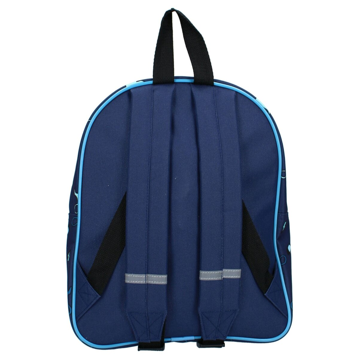 The back of a navy blue backpack with reflective strips, blue trim, and black straps. Against white background.