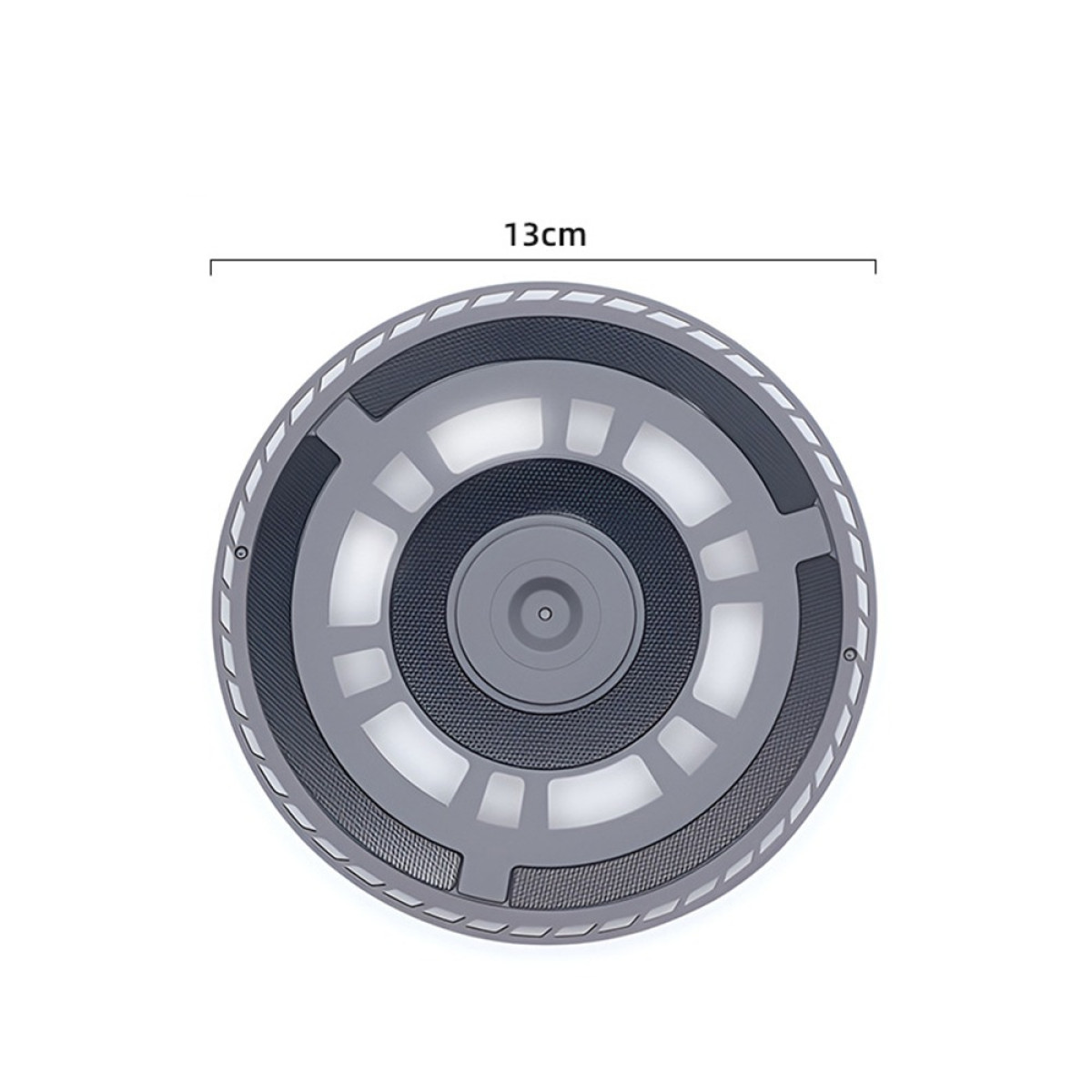 Oggetto circolare grigio con design grigio e bianco, misurazione di 13 cm.