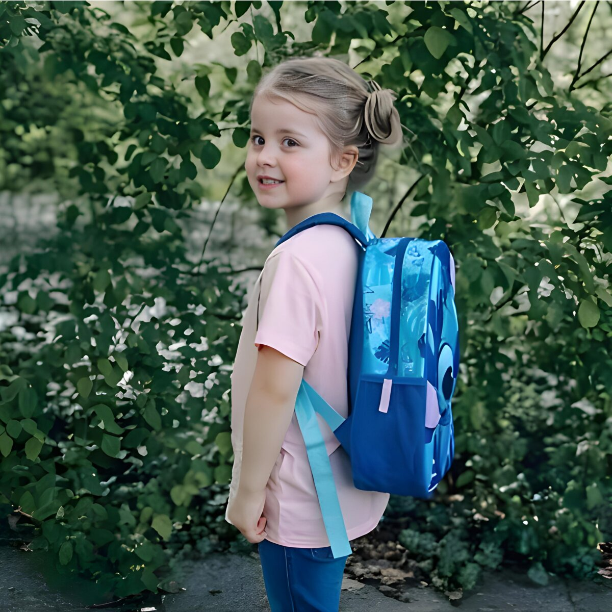 A girl with a Stitch backpack stands in front of green bushes.