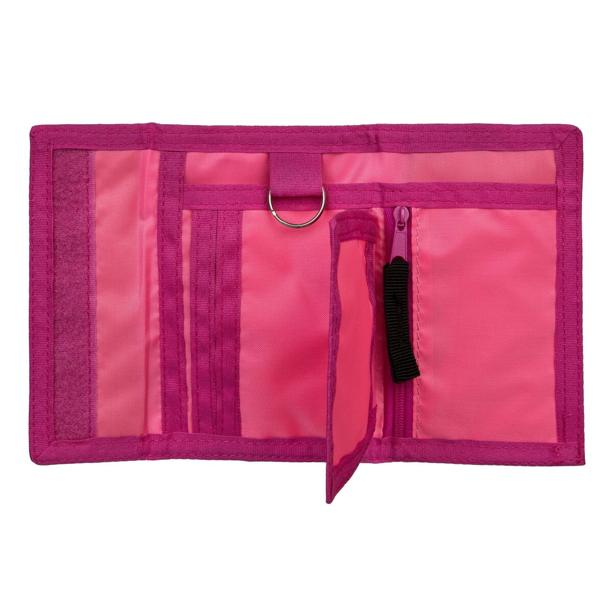 A pink wallet with multiple compartments and a black zipper. Against a white background.