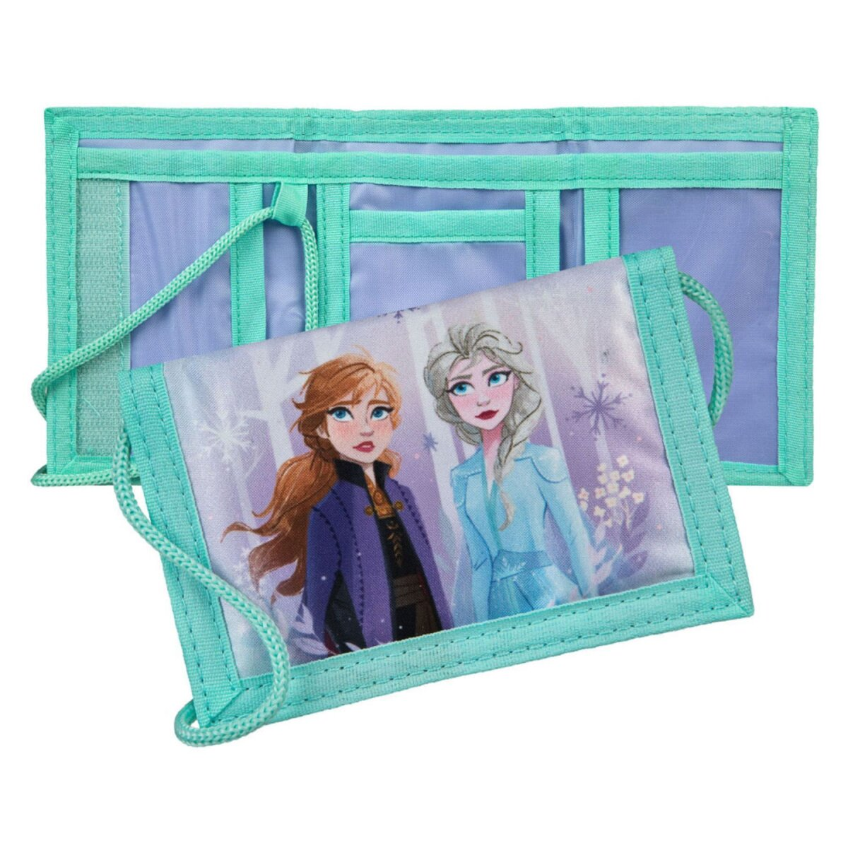 Geldbörse mit Frozen-Charakteren. Die Geldbörse ist türkis und lila. Mit Anna und Elsa.