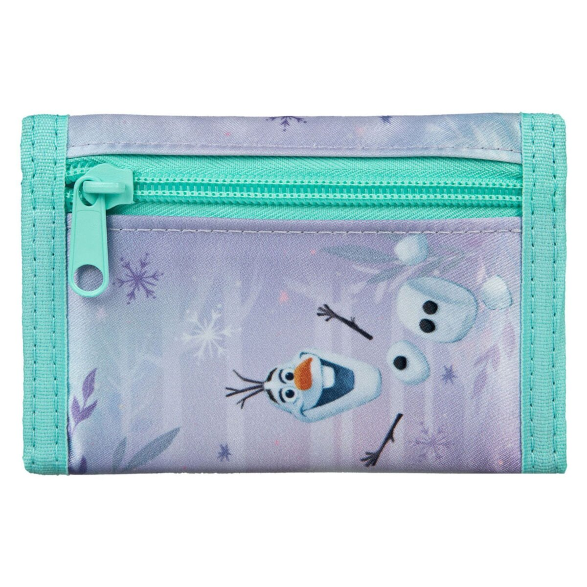Geldbörse mit Olaf von Frozen. Die Geldbörse ist lila und türkis. Der Hintergrund hat Schneeflocken.