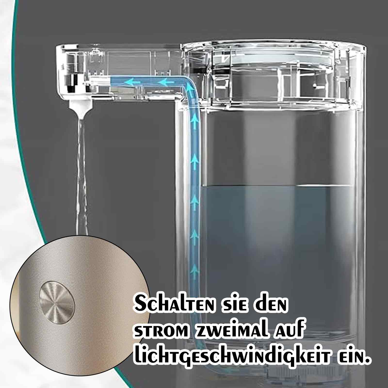 Ein Wasserspender mit Knopfdetail. Pfeile zeigen den Wasserfluss durch einen transparenten Schlauch.