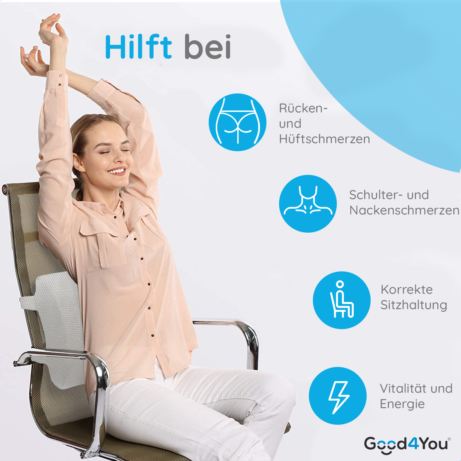Eine Frau sitzt und lehnt sich in einem Stuhl zurück. Der Text 'Hilft bei' steht darüber, mit Bildern und Text über gesundheitliche Vorteile.