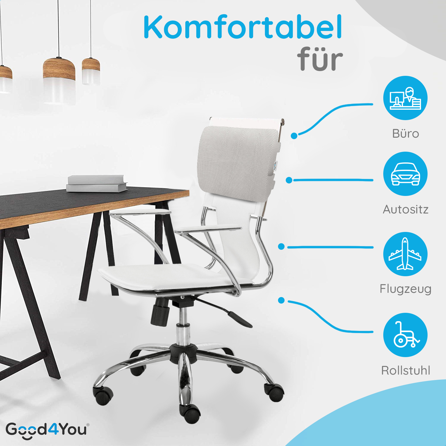 Weißer Bürostuhl mit Rückenstützkissen und Text, der eine komfortable Nutzung für Büro, Auto, Flugzeug und Rollstuhl anzeigt.