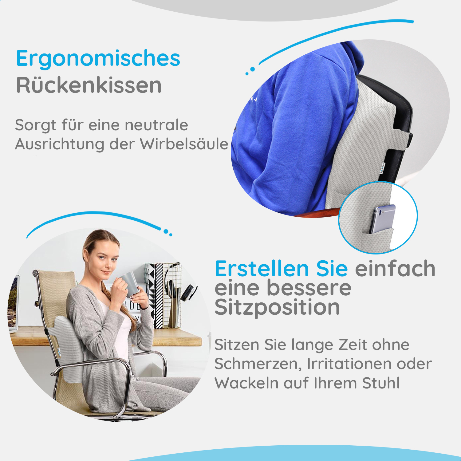 Frau, die ein Rückenstützkissen benutzt, zeigt eine bessere Körperhaltung. Text hebt ergonomisches Design und Vorteile hervor.