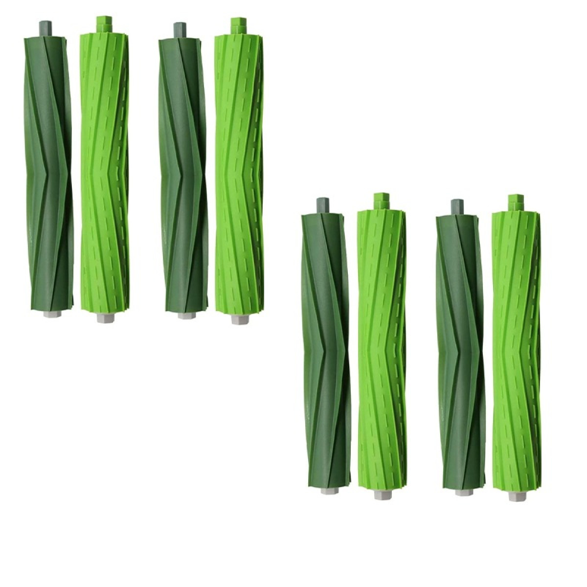 Due set di spazzole a rullo per aspirapolvere, con setole verdi e verde scuro, su una superficie bianca.