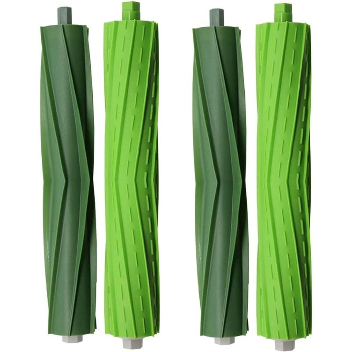 Quattro spazzole a rullo per aspirapolvere, due verdi e due verde scuro, su una superficie bianca, che mostrano il loro design.