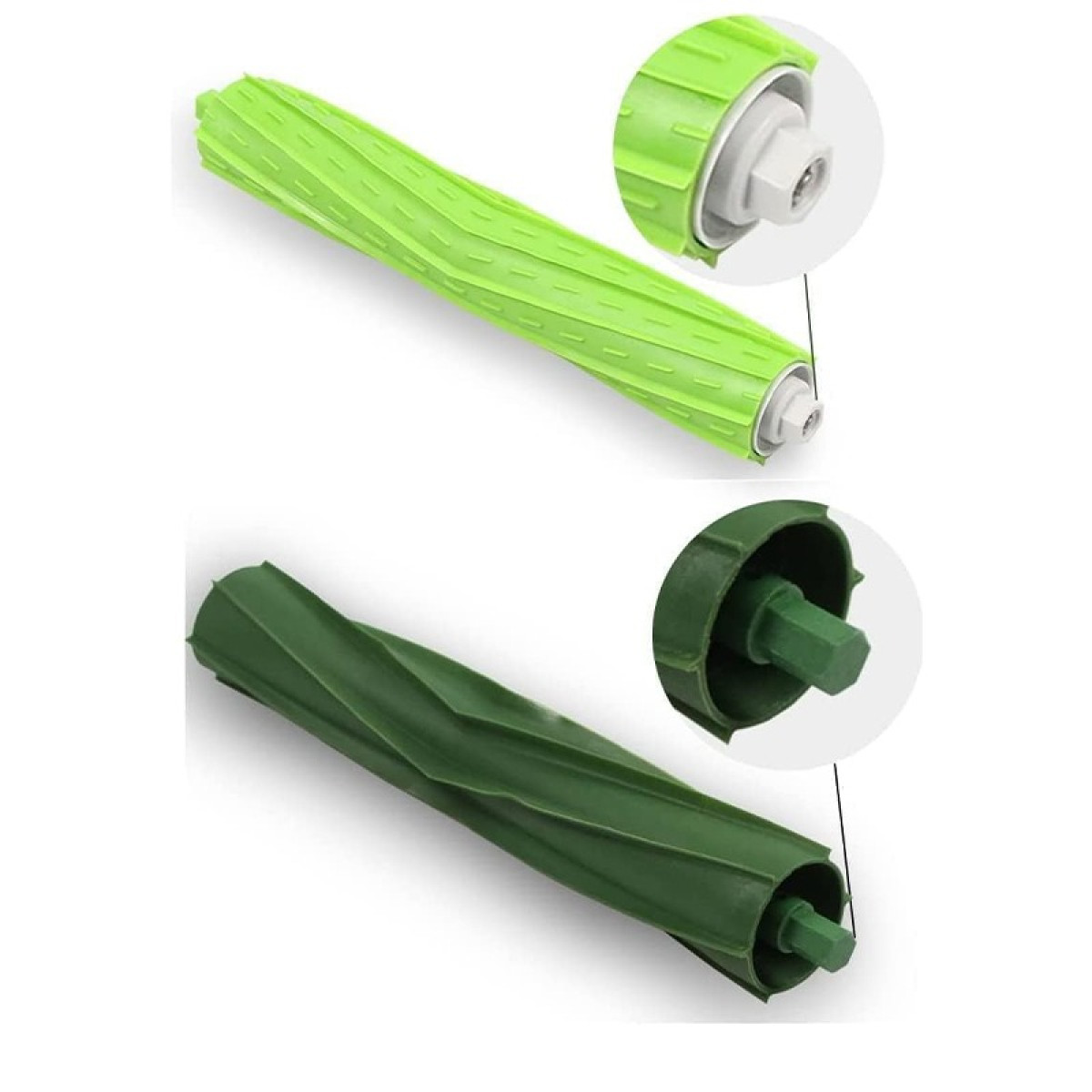 Due viste ravvicinate delle spazzole a rullo per aspirapolvere, che mostrano i dettagli interni e i design a spirale e scanalati.