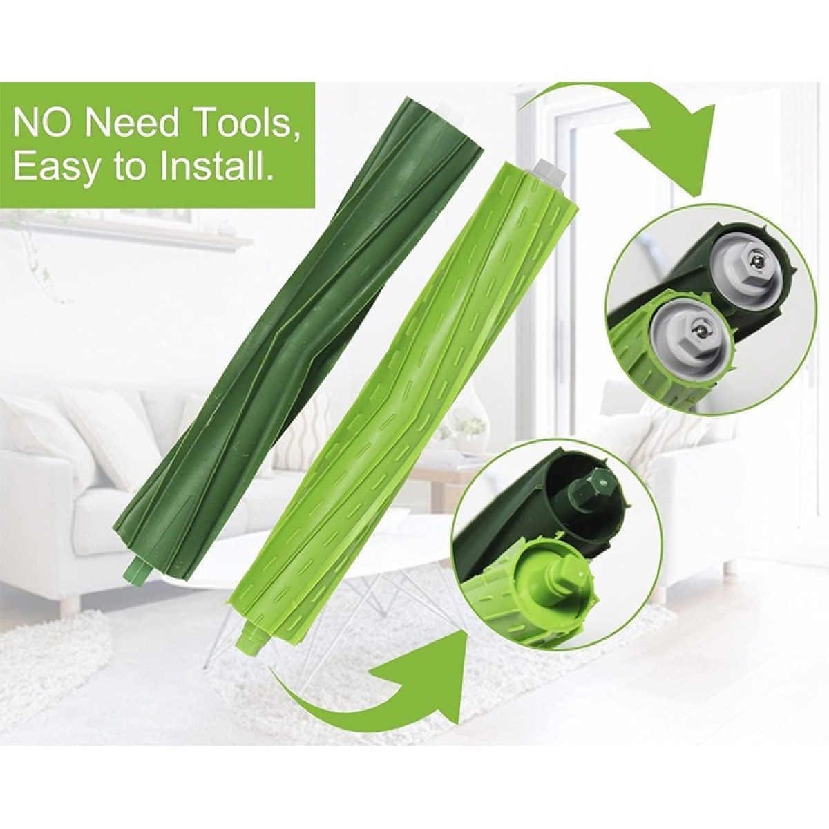 Spazzole a rullo per aspirapolvere, verdi e verde scuro, con frecce e testo che indicano una facile installazione, in un ambiente domestico.