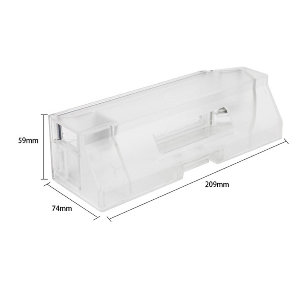 Eine transparente Mausefalle aus Kunststoff. Abmessungen sind beschriftet: 209 mm, 74 mm, 59 mm.