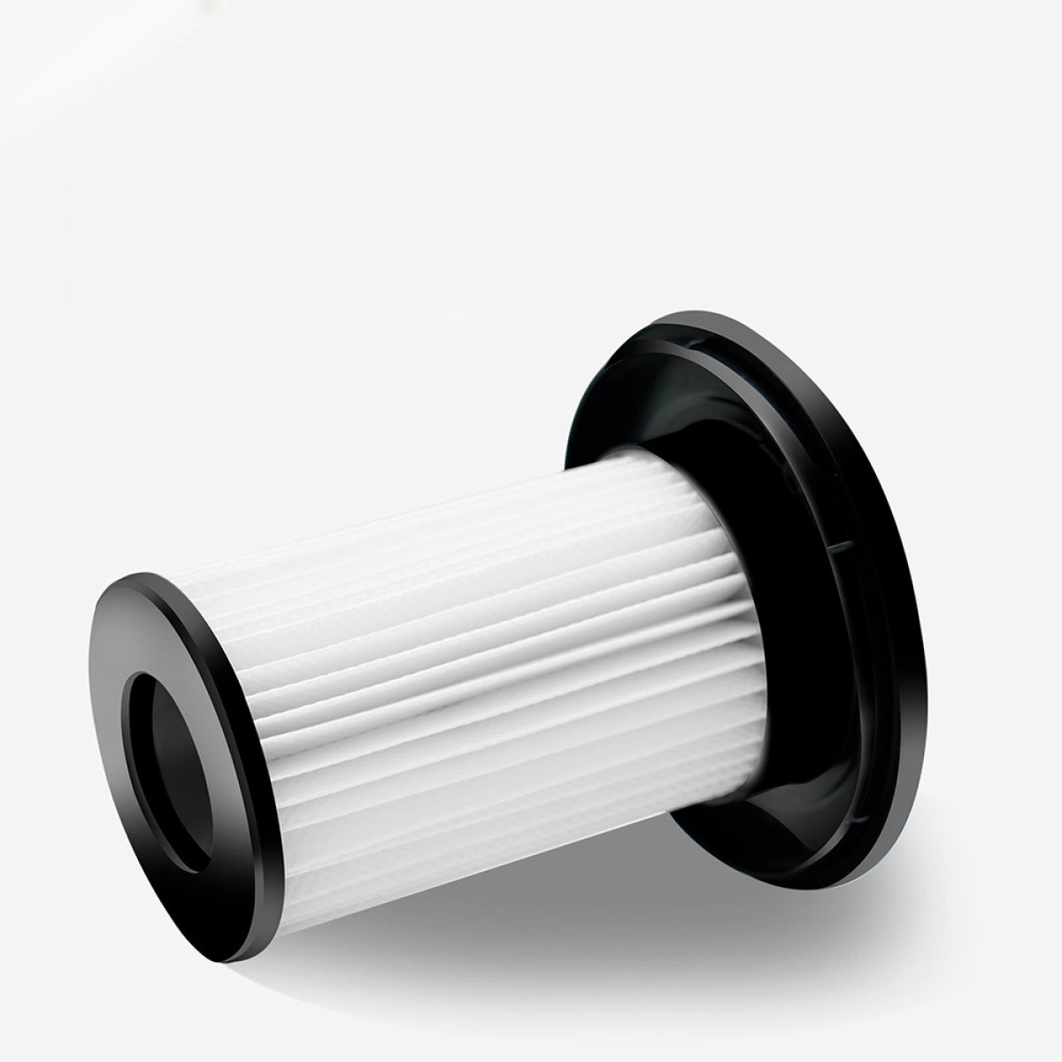Un filtro per vuoto cilindrico bianco con parte superiore e inferiore nere. Lo sfondo è una superficie bianca.