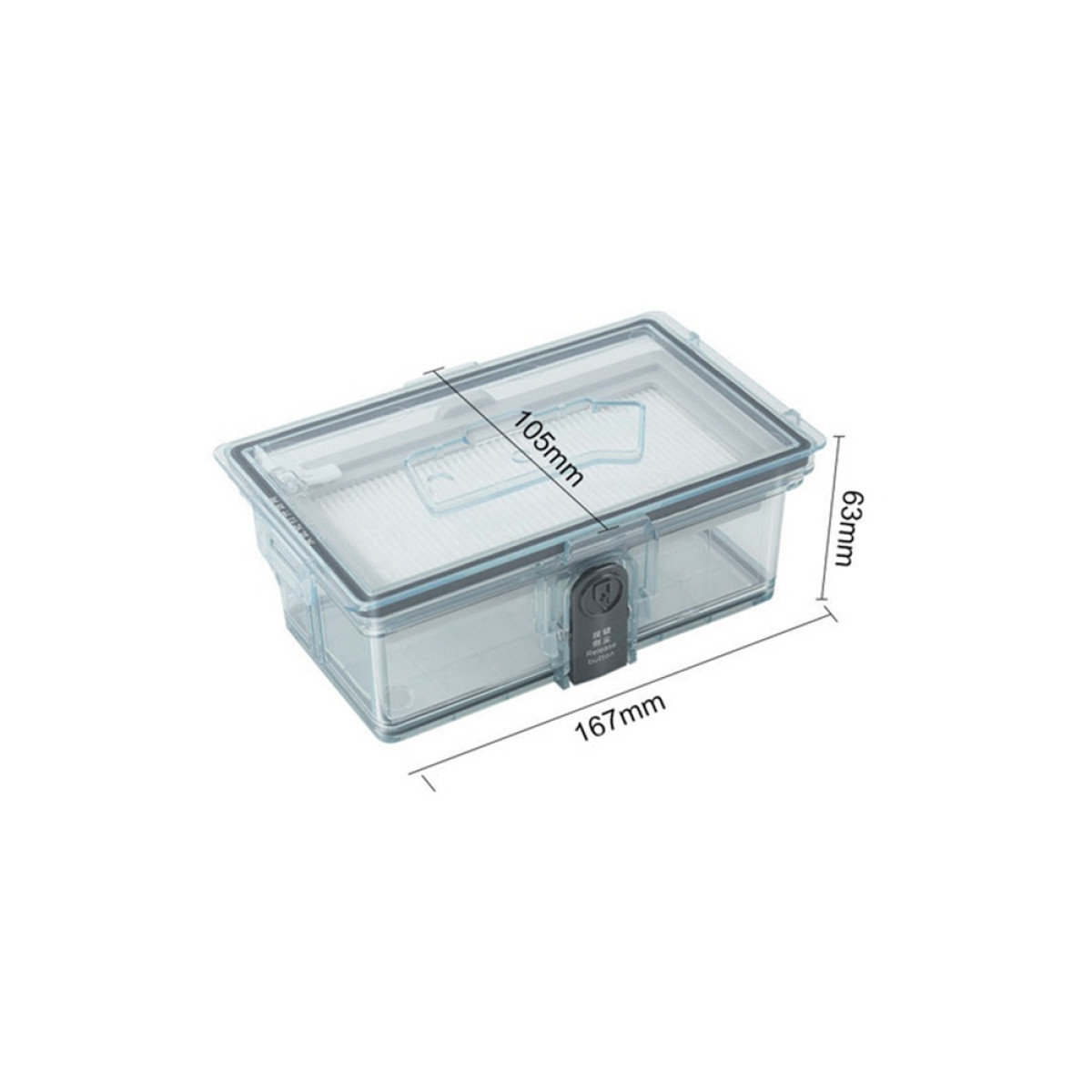Eine transparente Plastikbox mit Deckel, die einen Filter enthält. Maße: 167x105x63mm. Der Deckel ist schwarz und hat Markierungen.