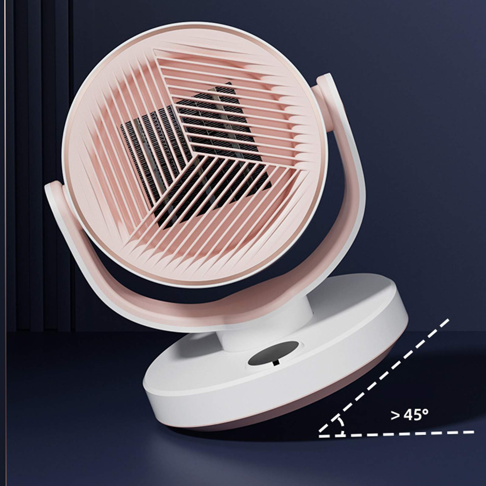 Ein rosa und weißer Heizlüfter mit Lüfterdesign. Er steht auf einem Sockel und ist angewinkelt.