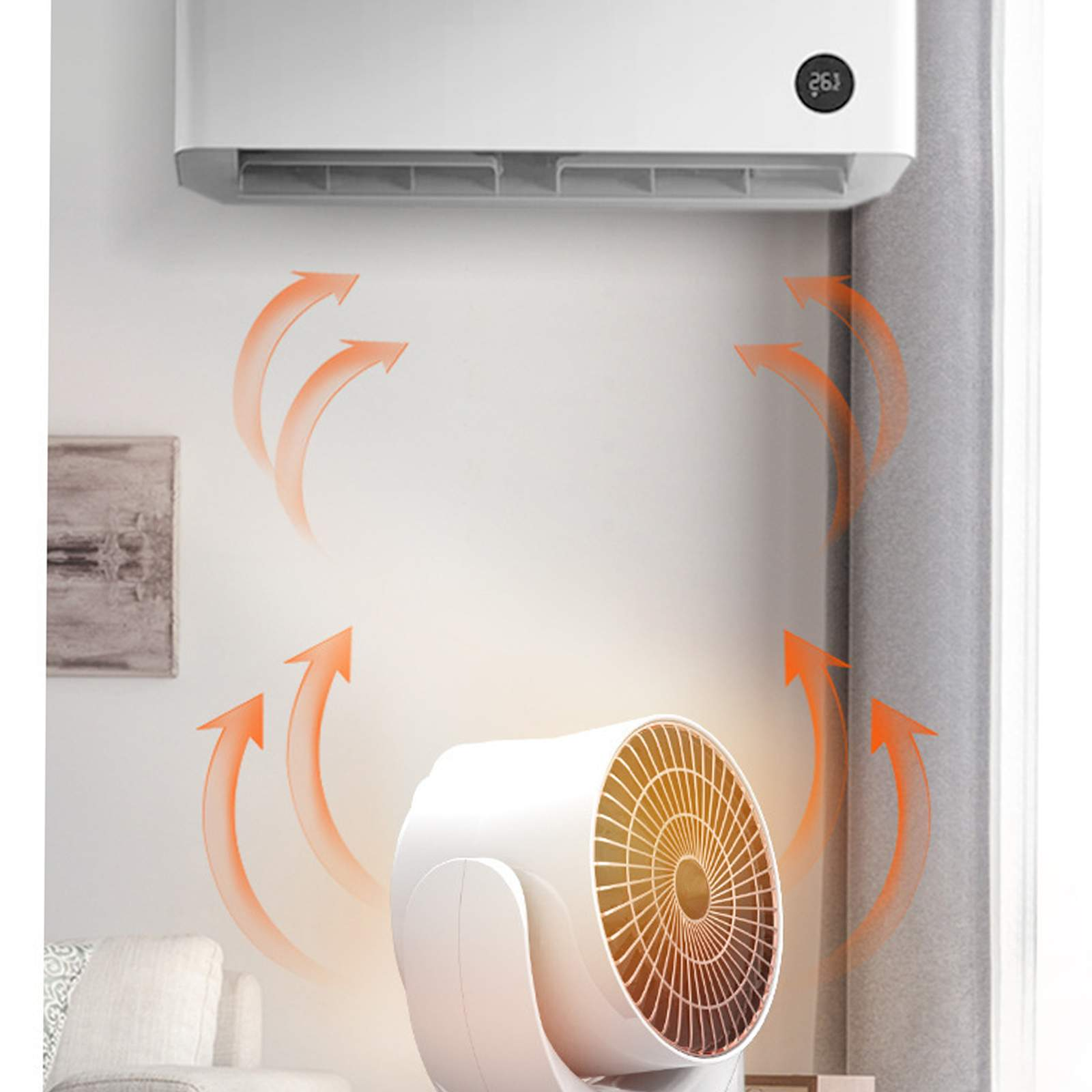 Ein weißer Ventilator mit roségoldenem Gitter, der Luft in Richtung Pfeile lenkt, die den Luftstrom anzeigen. Eine Klimaanlage ist oben.