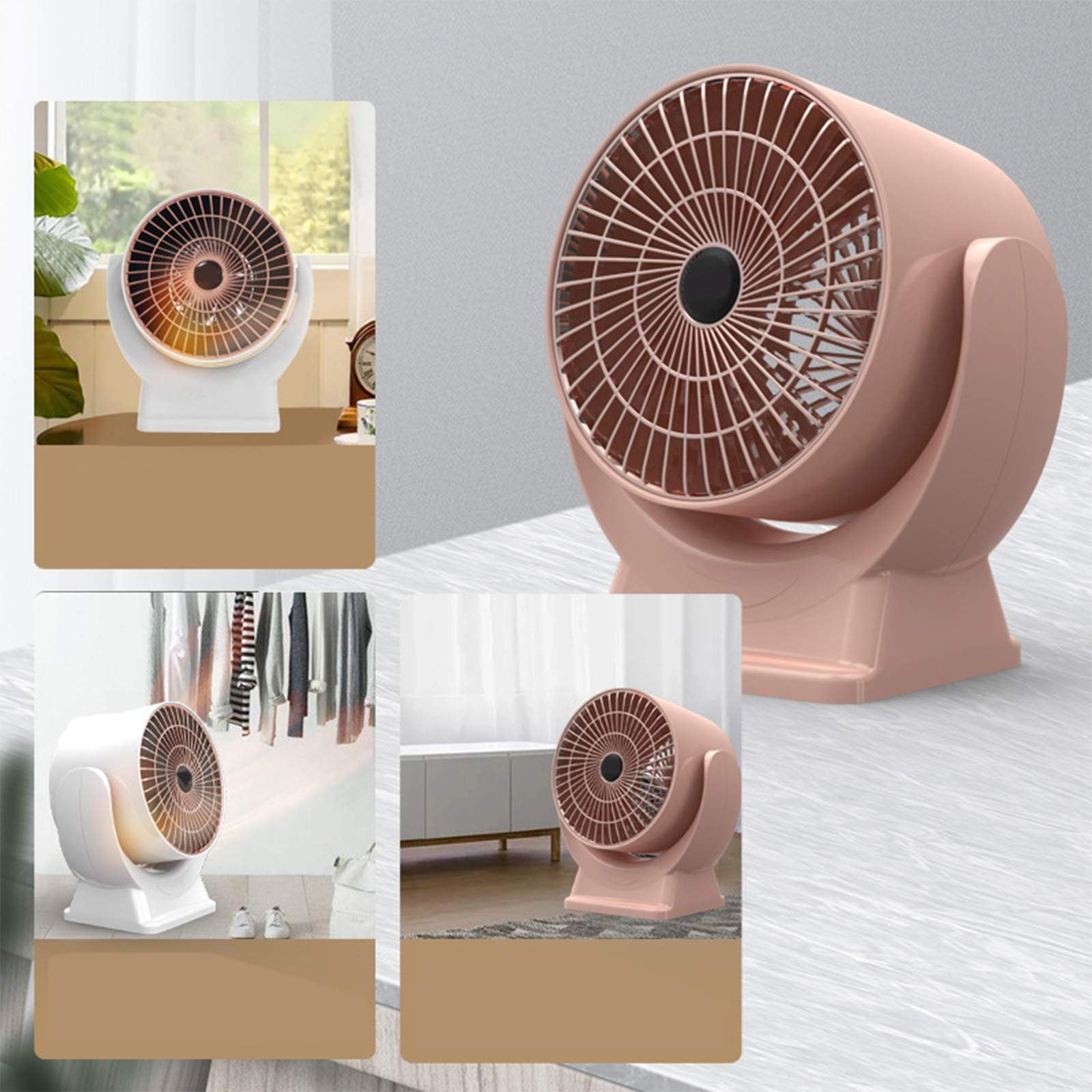 Rosa-weißer Ventilator auf einem Tisch. Mehrere Ansichten des Ventilators werden gezeigt.
