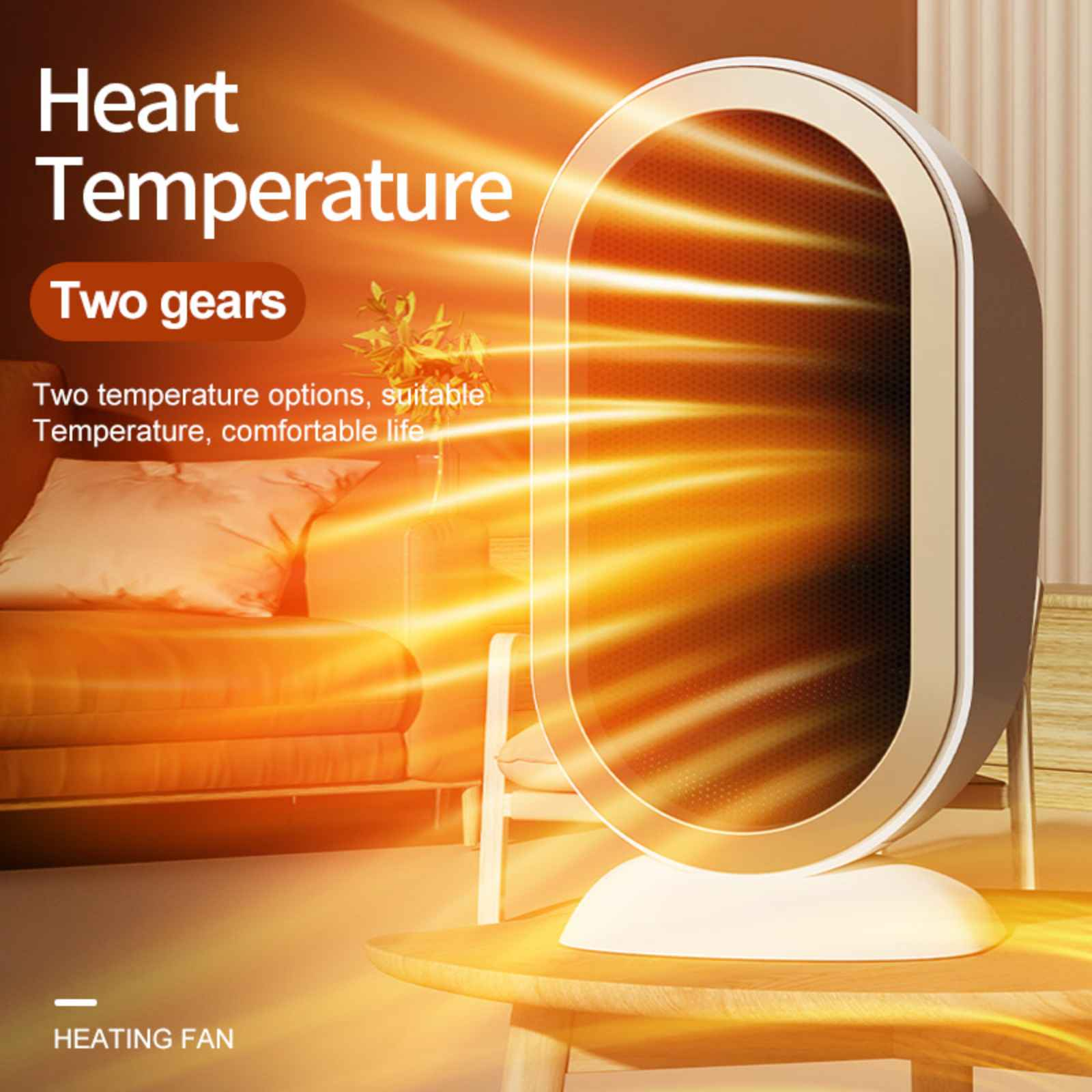 Ein Heizlüfter mit Text: "Heart Temperature Two gears". Helles orangefarbenes Licht geht vom Heizlüfter aus.