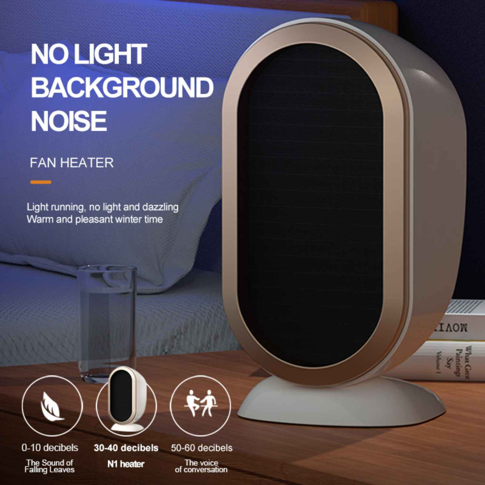 Ein Heizlüfter auf einem Tisch mit Text: "NO LIGHT BACKGROUND NOISE". Darunter Symbole und Text.
