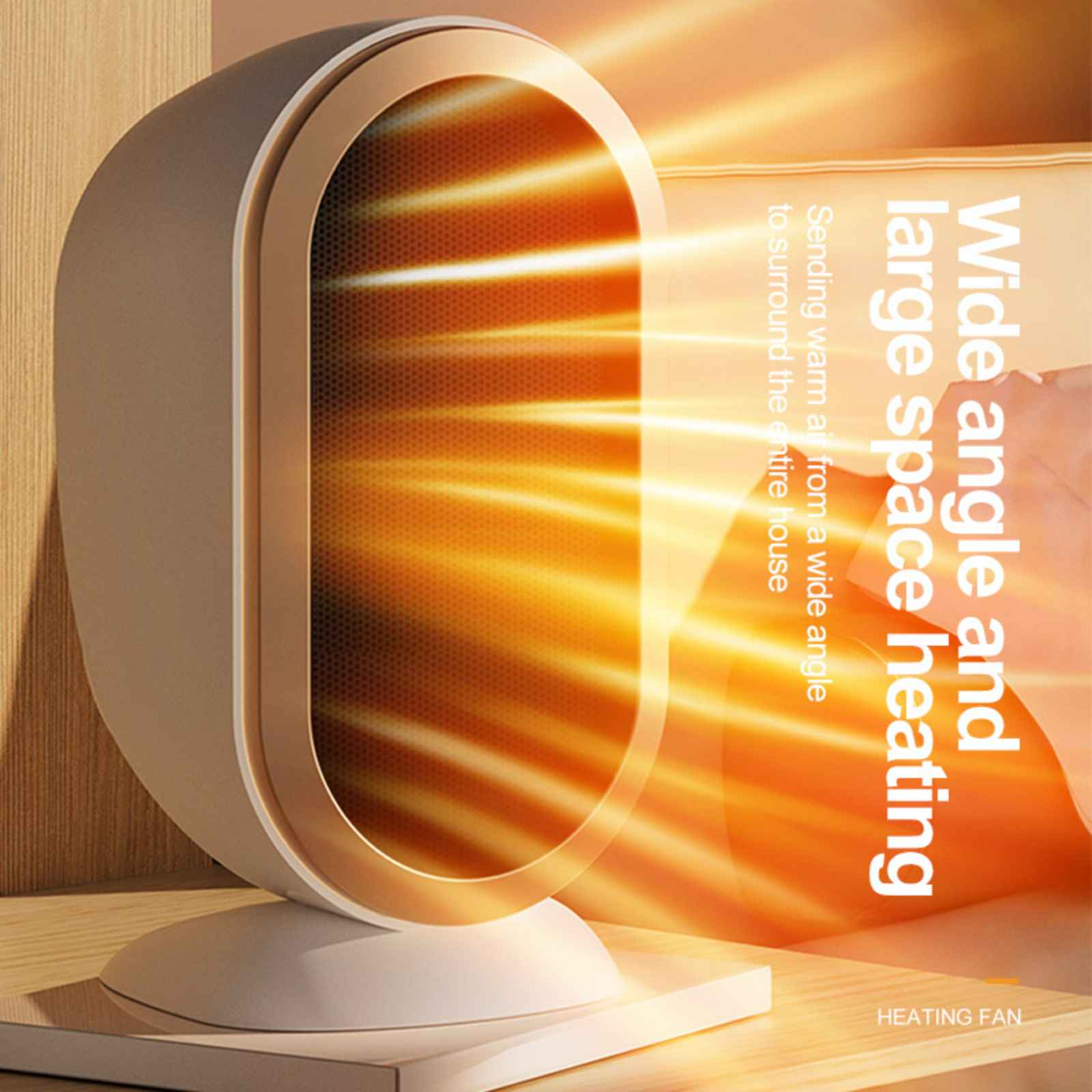 Ein Heizlüfter mit Text: "Wide angle and large space heating". Helles orangefarbenes Licht geht aus.