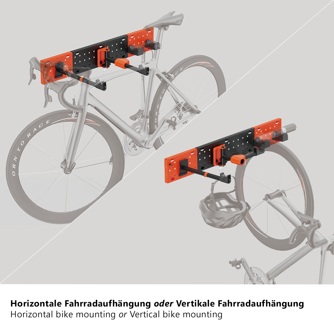 Fahrradhalterungssystem mit orangefarbenen und schwarzen Komponenten. Fahrräder sind montiert gezeigt.