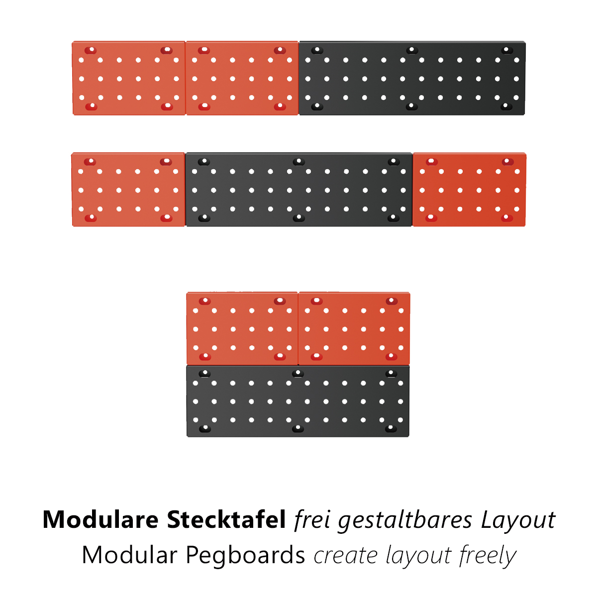 Lochwände in Rot und Schwarz, Text: modulare Lochwände gestalten das Layout frei.