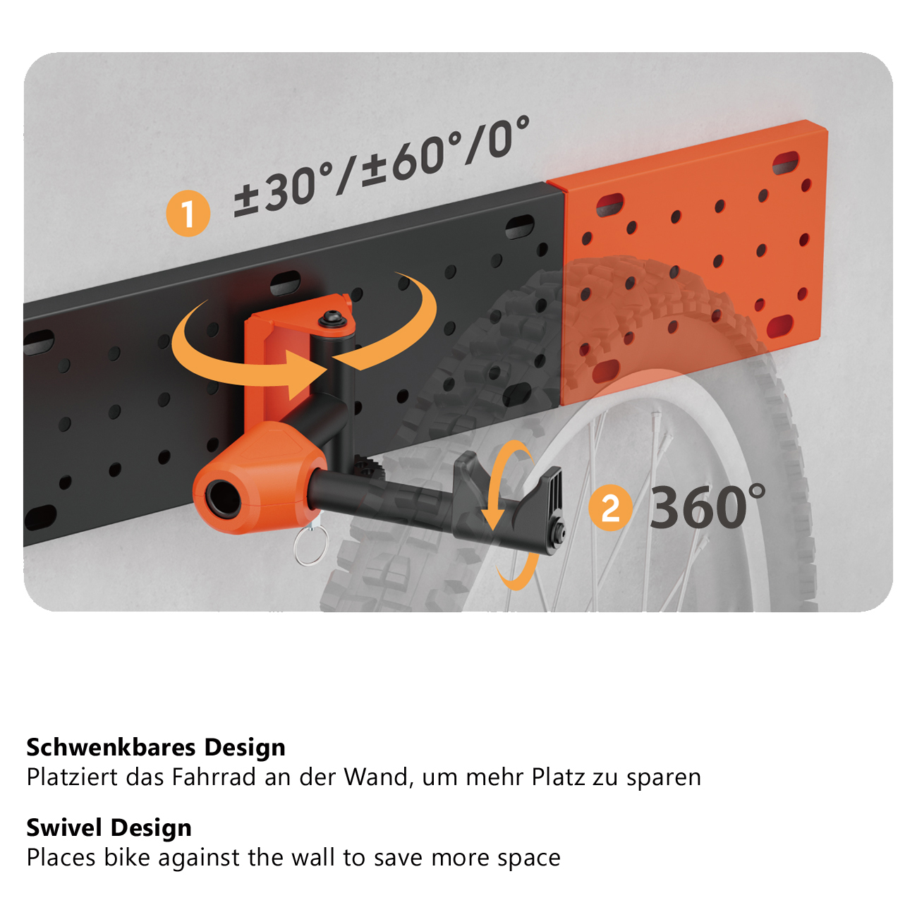 Fahrradträger mit Schwenkdesign, Text: platziert das Fahrrad an der Wand, um mehr Platz zu sparen.