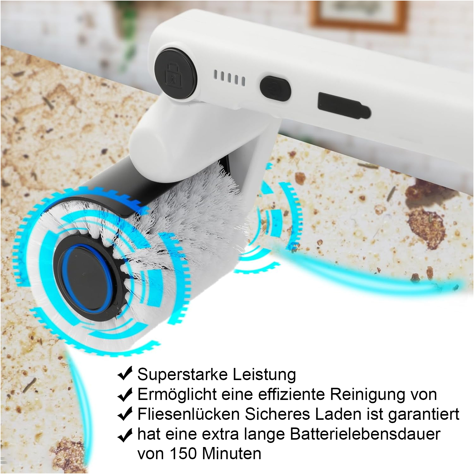 Ein Reinigungsgerät mit rotierender Bürste, weiß und schwarz, mit blauen Energielinien.