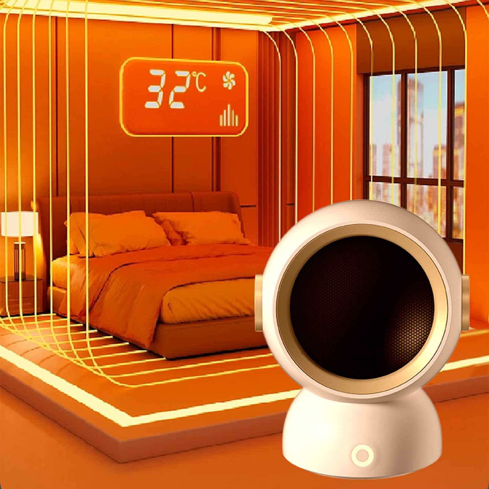 Ein Zimmer mit Orangethema, einem Bett und einem weißen Heizlüfter mit Temperaturanzeige.