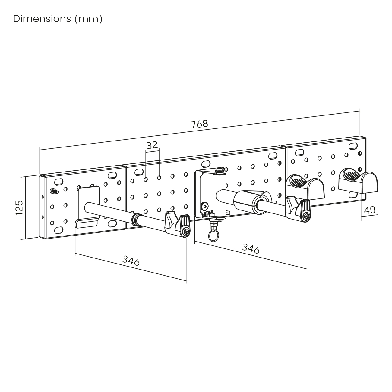Technische Zeichnung eines Wand-Fahrradträgers mit Abmessungen in Millimetern.