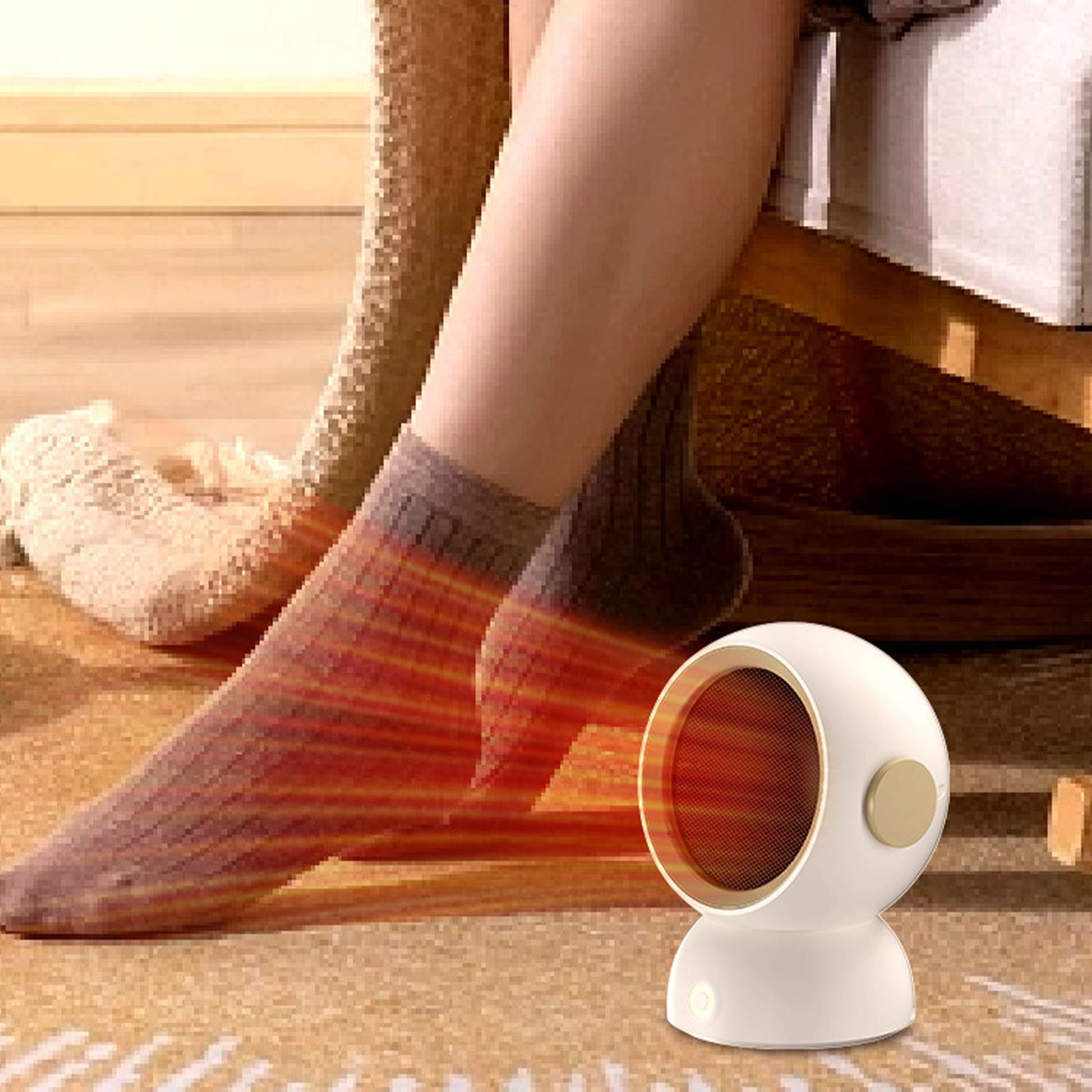 Ein kleiner weißer Heizlüfter steht auf dem Boden. Die Beine einer Person mit Socken sind sichtbar, ein beheizter Bereich wird gezeigt.
