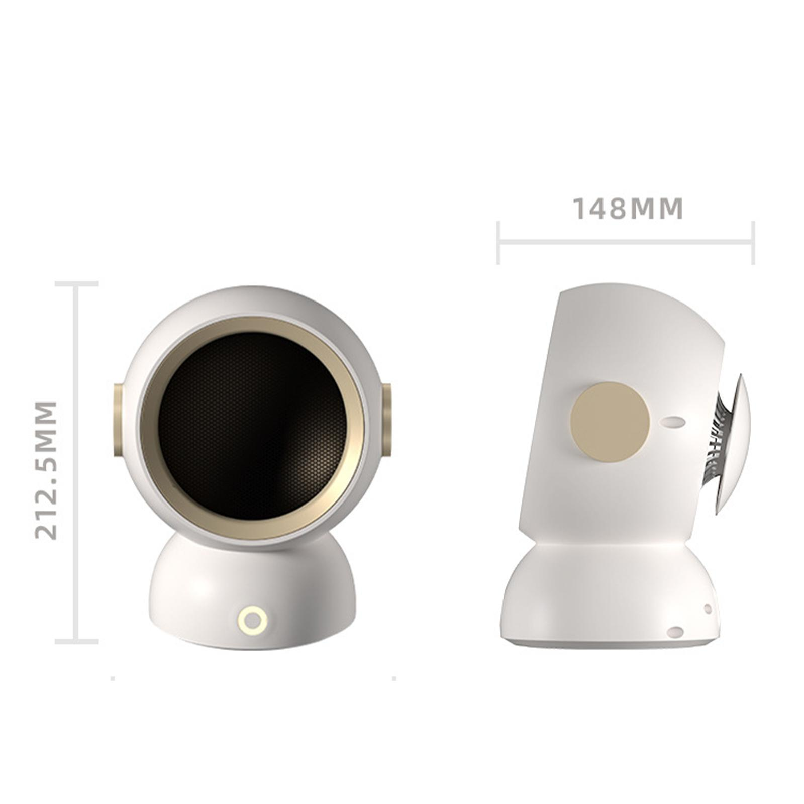 Zwei Ansichten eines weißen Heizlüfters: vorne und seitlich. Maße sind 212,5 mm hoch und 148 mm breit.