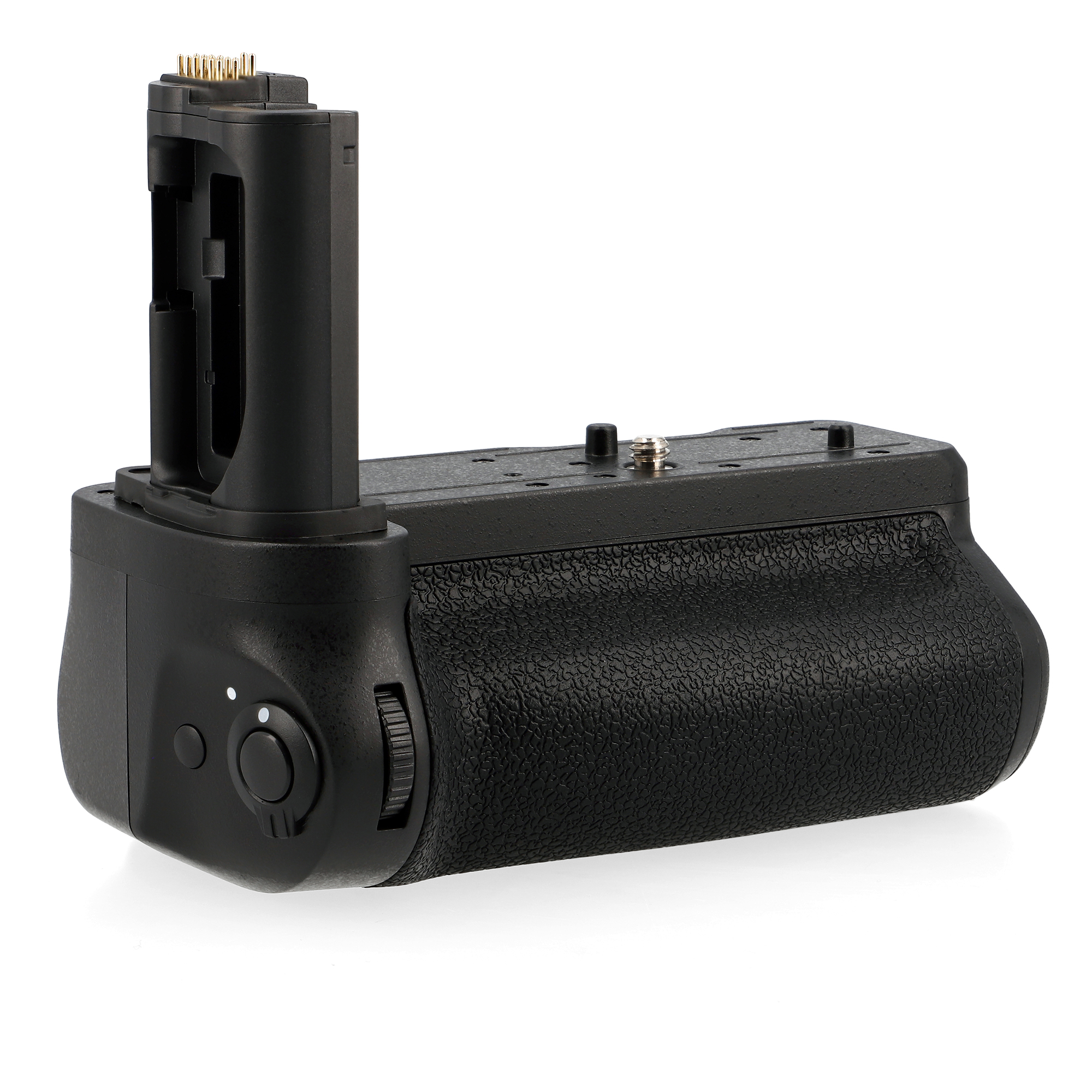 Schwarzer Kamera-Batteriegriff mit strukturierter Oberfläche und einem Rad. Er hat einen Steckplatz für eine Batterie oben.