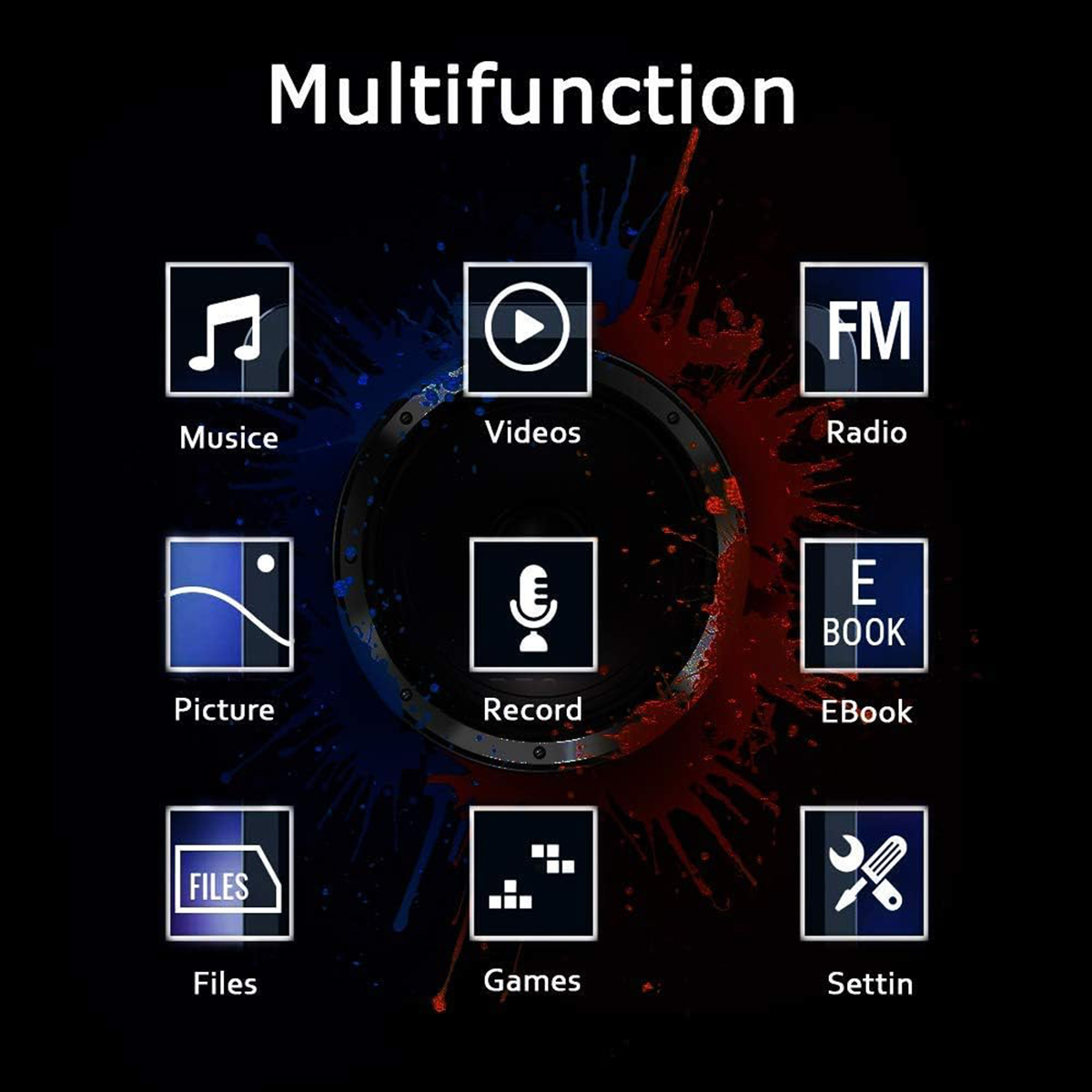 Schwarzer Hintergrund mit Symbolen für Musik, Videos, Radio, Bild, Aufnahme, eBook, Dateien, Spiele und Einstellungen.