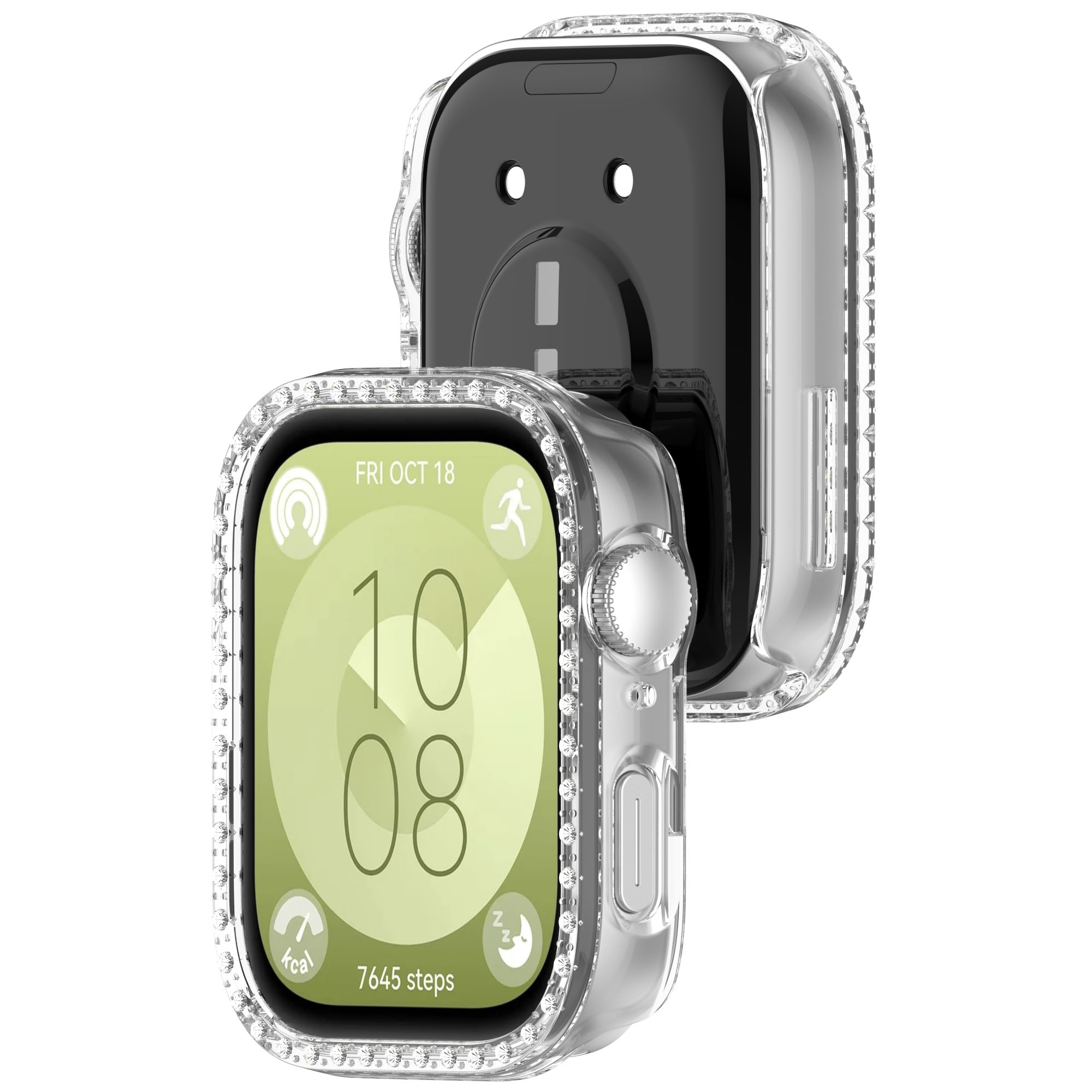 Dwa przezroczyste etui ochronne na smartwatch, jedno zakrywające ekran, drugie oddzielone, ze srebrnym przyciskiem.