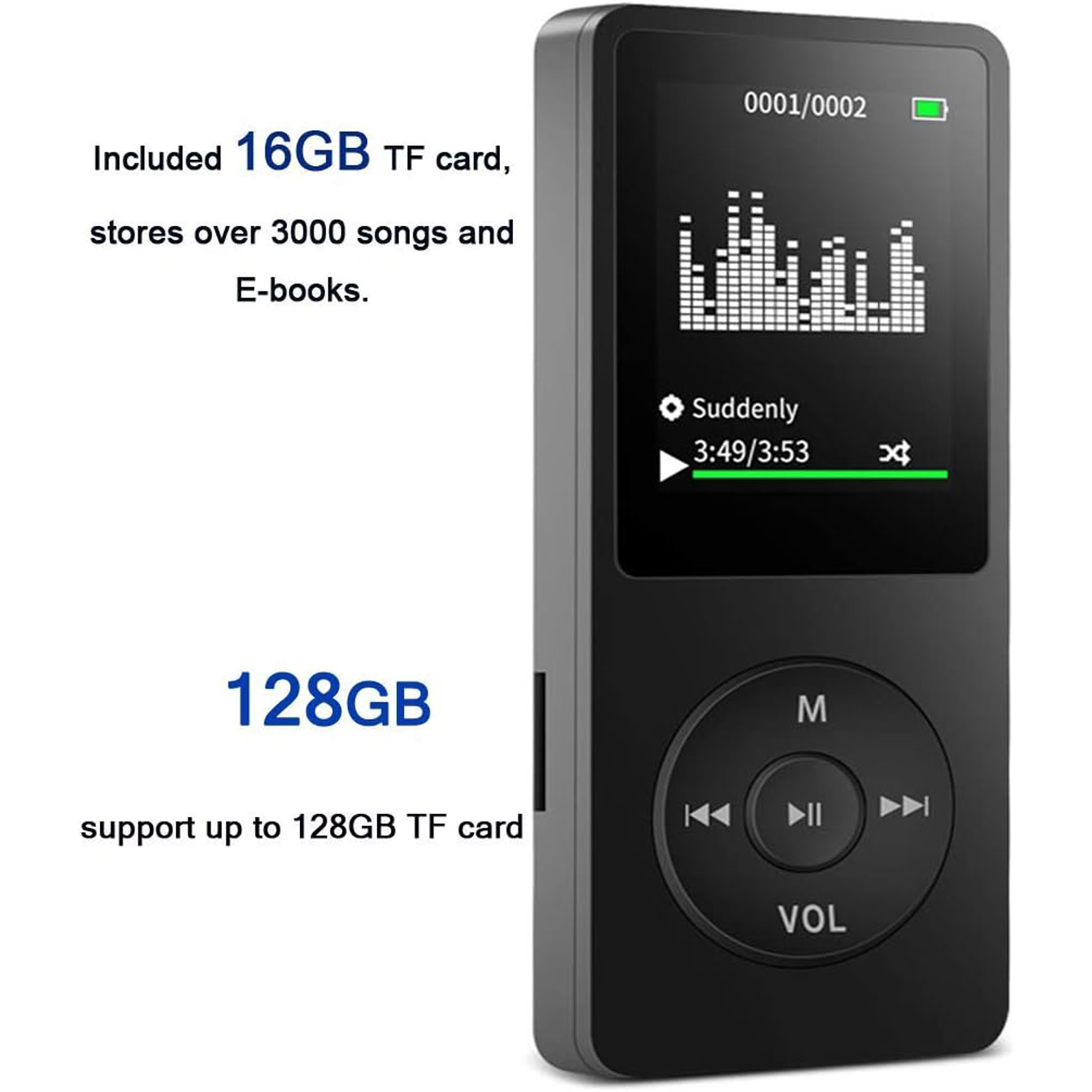 Ein schwarzer MP3-Player mit Bildschirm. Der Bildschirm zeigt Songinfos und einen Fortschrittsbalken. Bedienknöpfe unten.