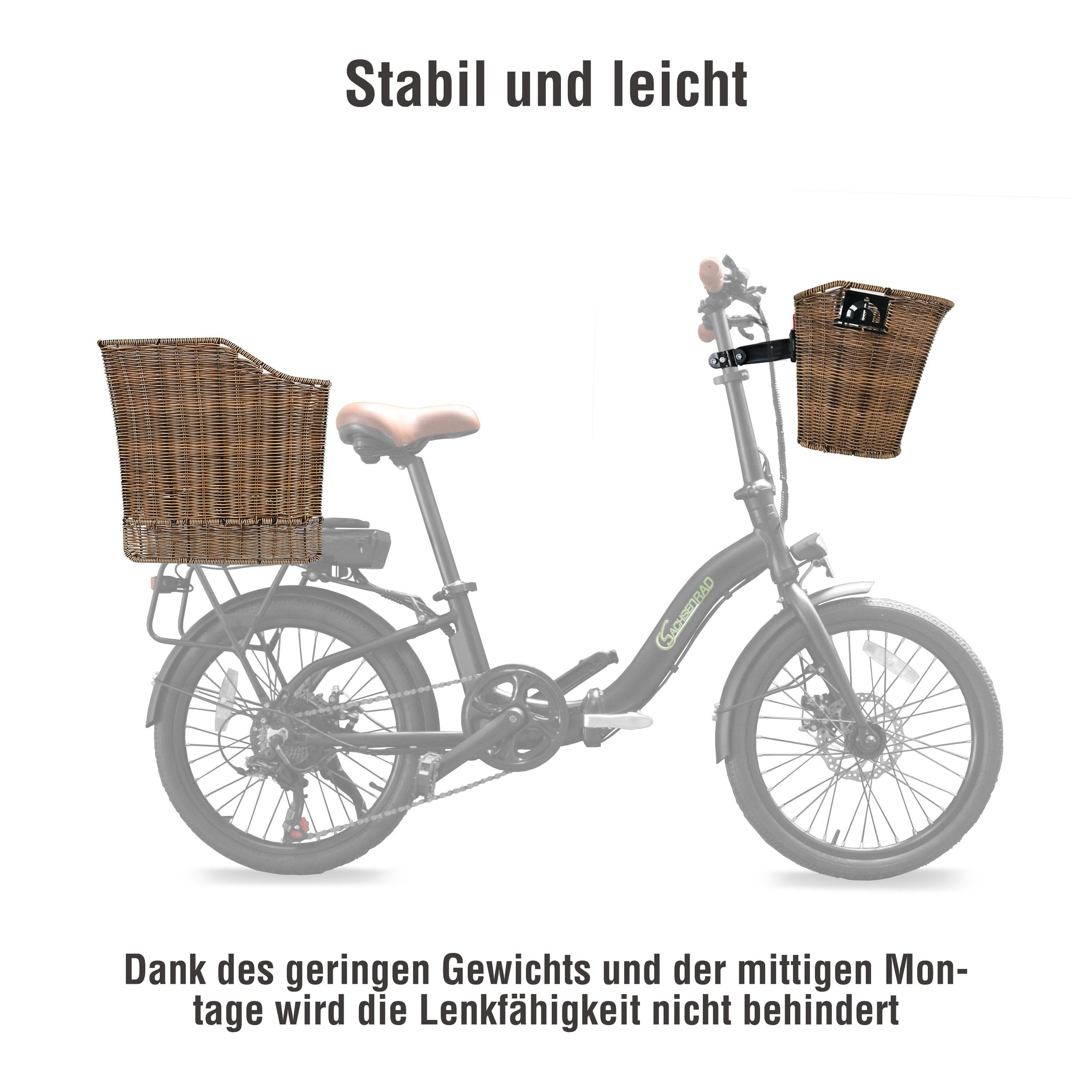 Ein Fahrrad mit einem Korb hinten und einem vorne. Text auf dem Bild beschreibt das Fahrrad.