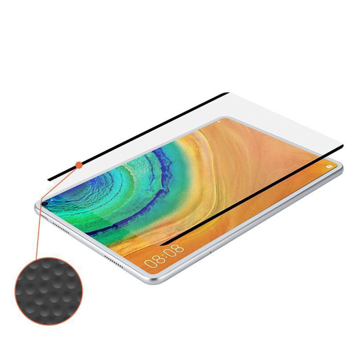 Un tablet con protezione per lo schermo, con un primo piano di una superficie strutturata e uno stilo.