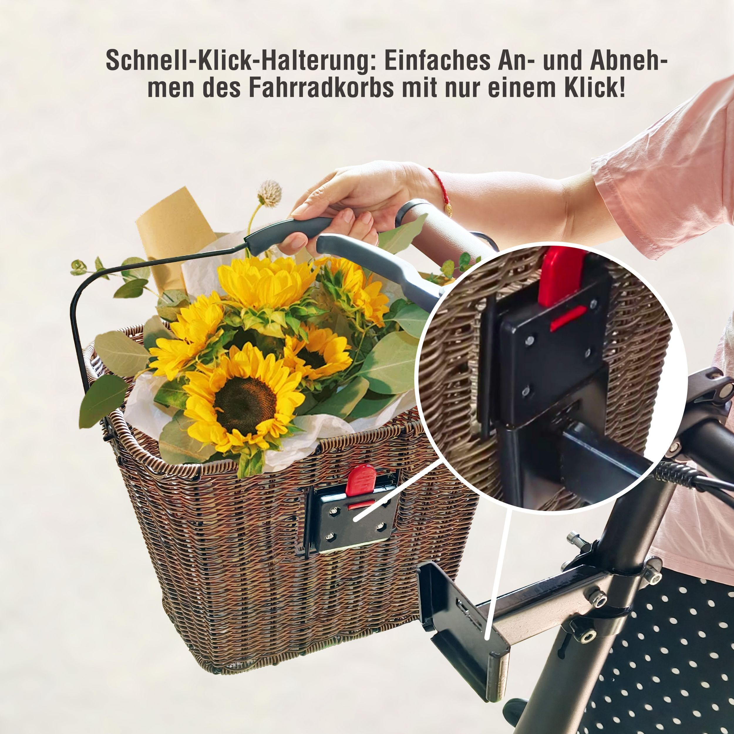 Ein Weidenkorb mit Sonnenblumen auf einem Fahrrad. Nahaufnahme eines rot-schwarzen Verschlusses.