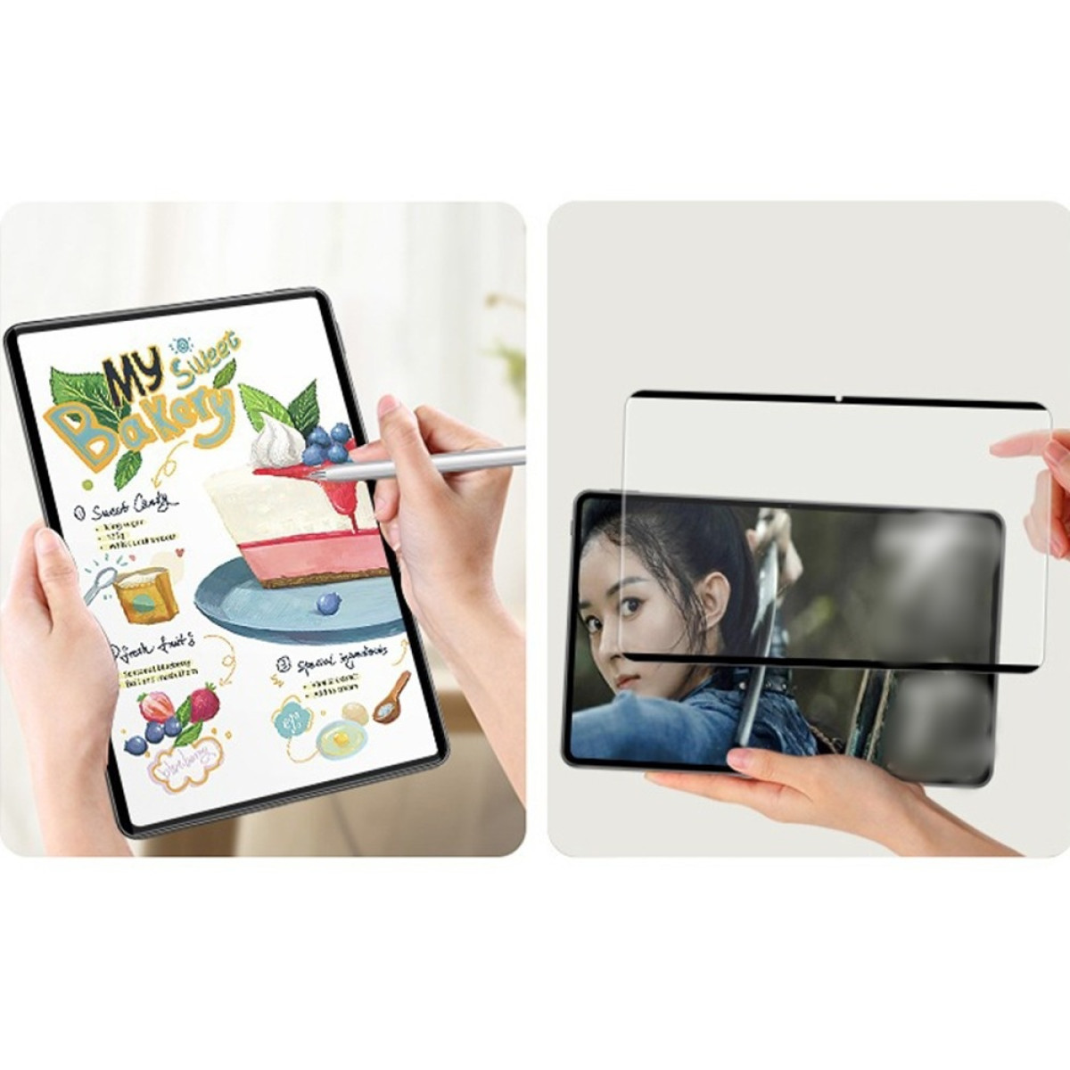 Due immagini affiancate. Una mostra un tablet con un disegno, l'altra un proteggi schermo.