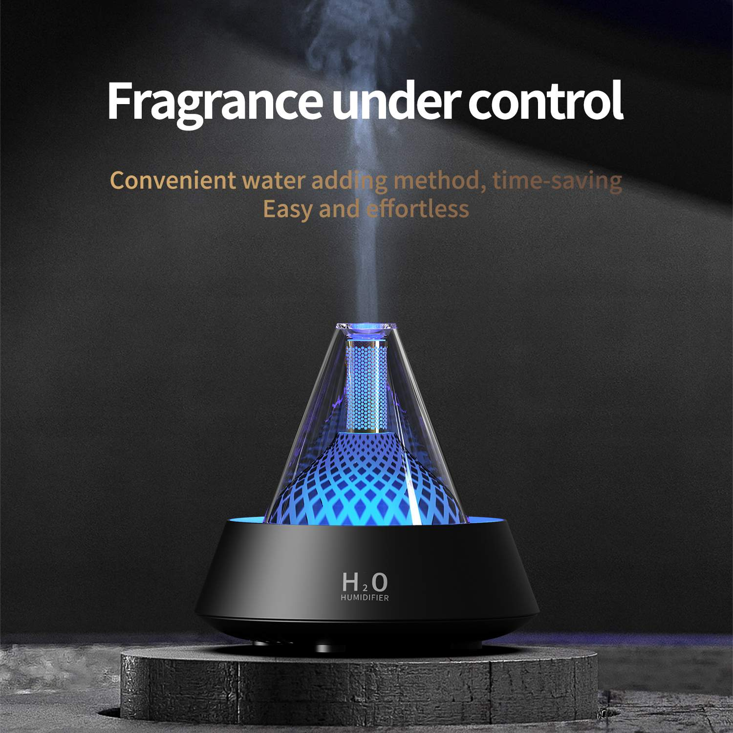 Ein Luftbefeuchter mit blau beleuchtetem Innenraum, auf schwarzer Basis. Der Text 'H2O HUMIDIFIER' ist sichtbar.