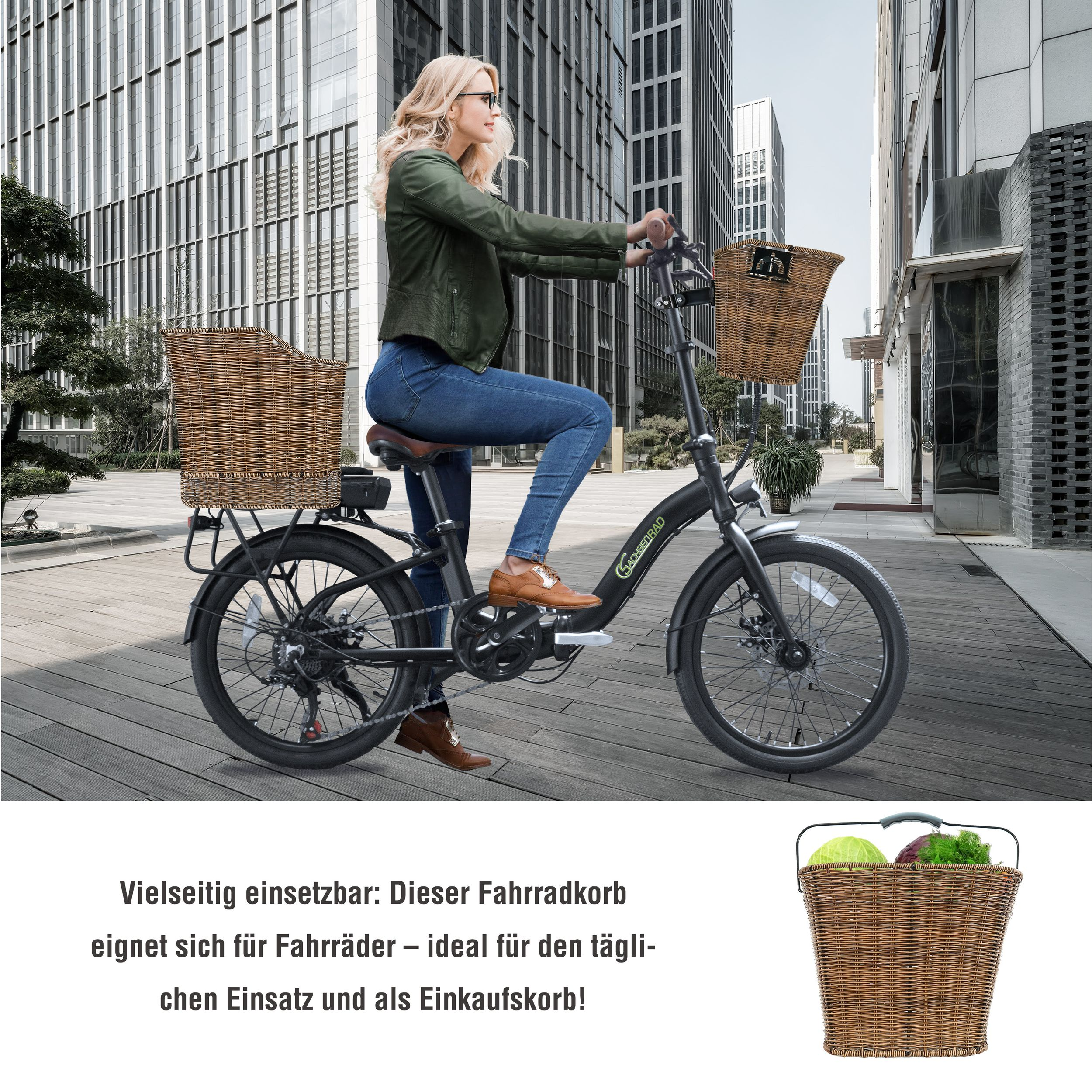Eine Frau fährt Fahrrad mit einem Korb auf dem Rücken, mit Text und einem kleinen Korb-Bild.