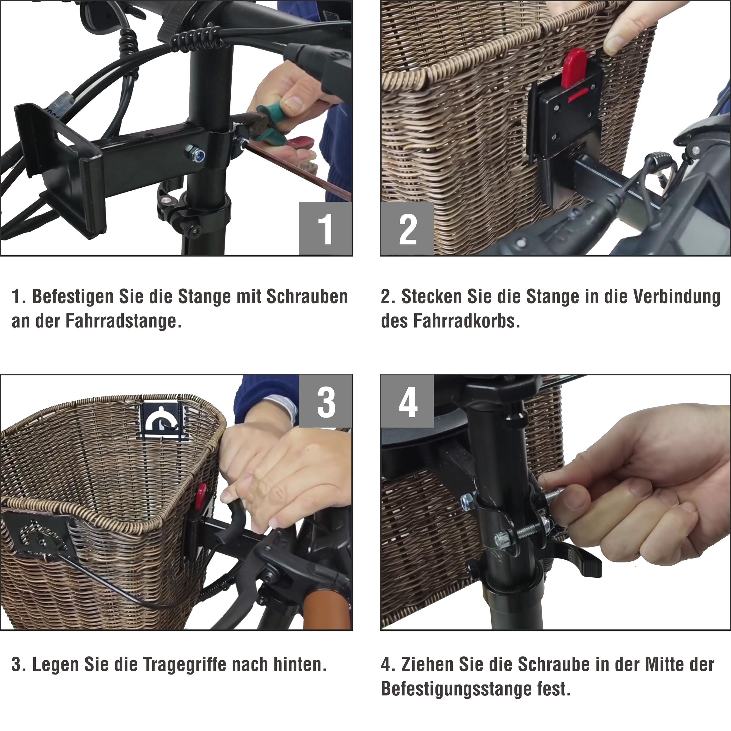 Vier Bilder, die Schritte zur Montage eines Korbs an einem Fahrrad zeigen: Befestigung der Stange, Anschluss des Korbs.