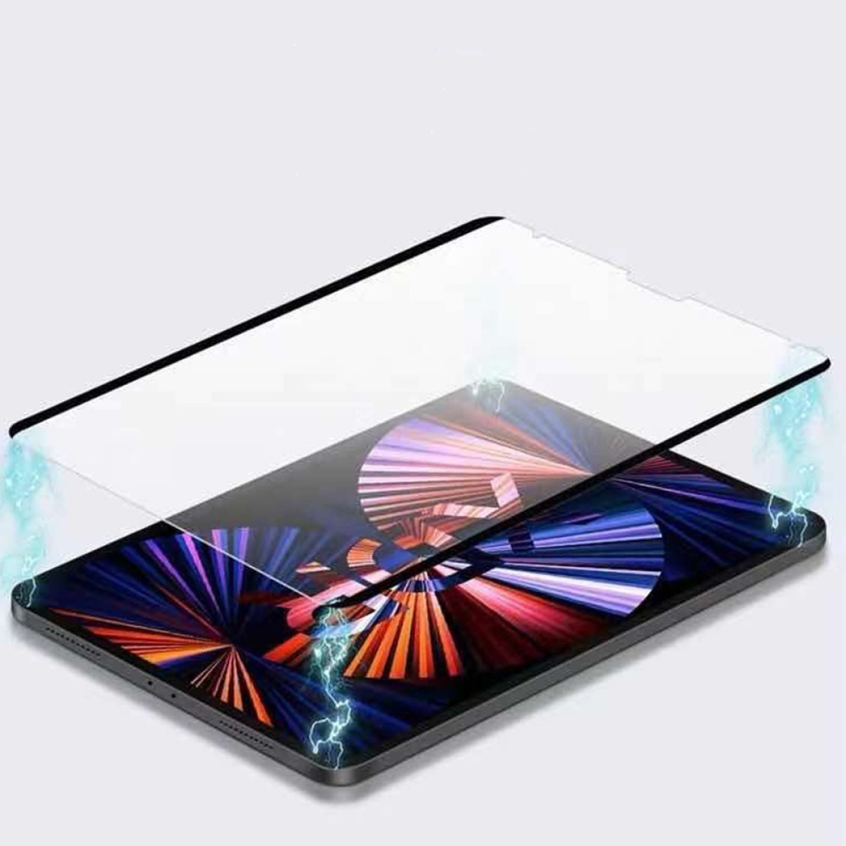 Een tablet met een schermbeschermer. Het scherm toont een kleurrijk ontwerp. Er zijn blauwe bliksemschichten.