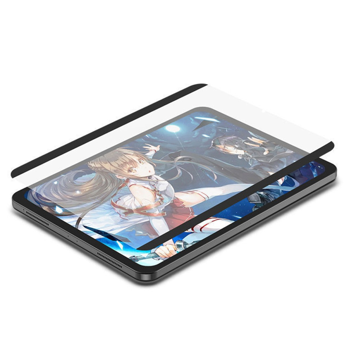 Een tablet met een schermbeschermer. Het scherm toont anime-personages.