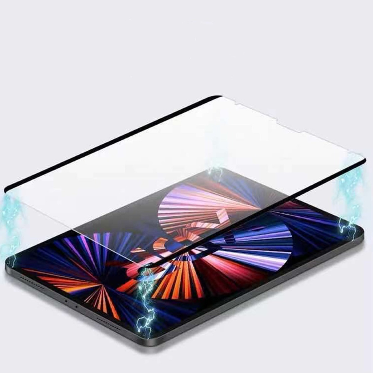 Een tablet met een schermbeschermer. Het scherm toont een kleurrijk ontwerp. Er zijn blauwe bliksemschichten.