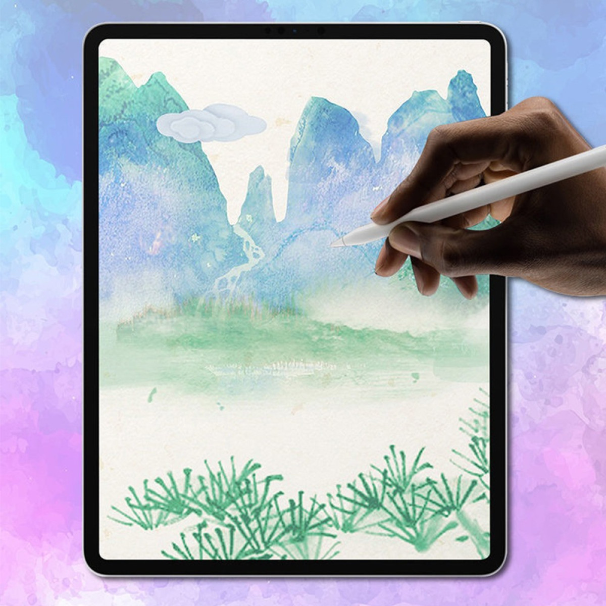 Een hand die een witte stylus boven een tablet houdt en een landschap tekent. Bergen en water zijn zichtbaar.