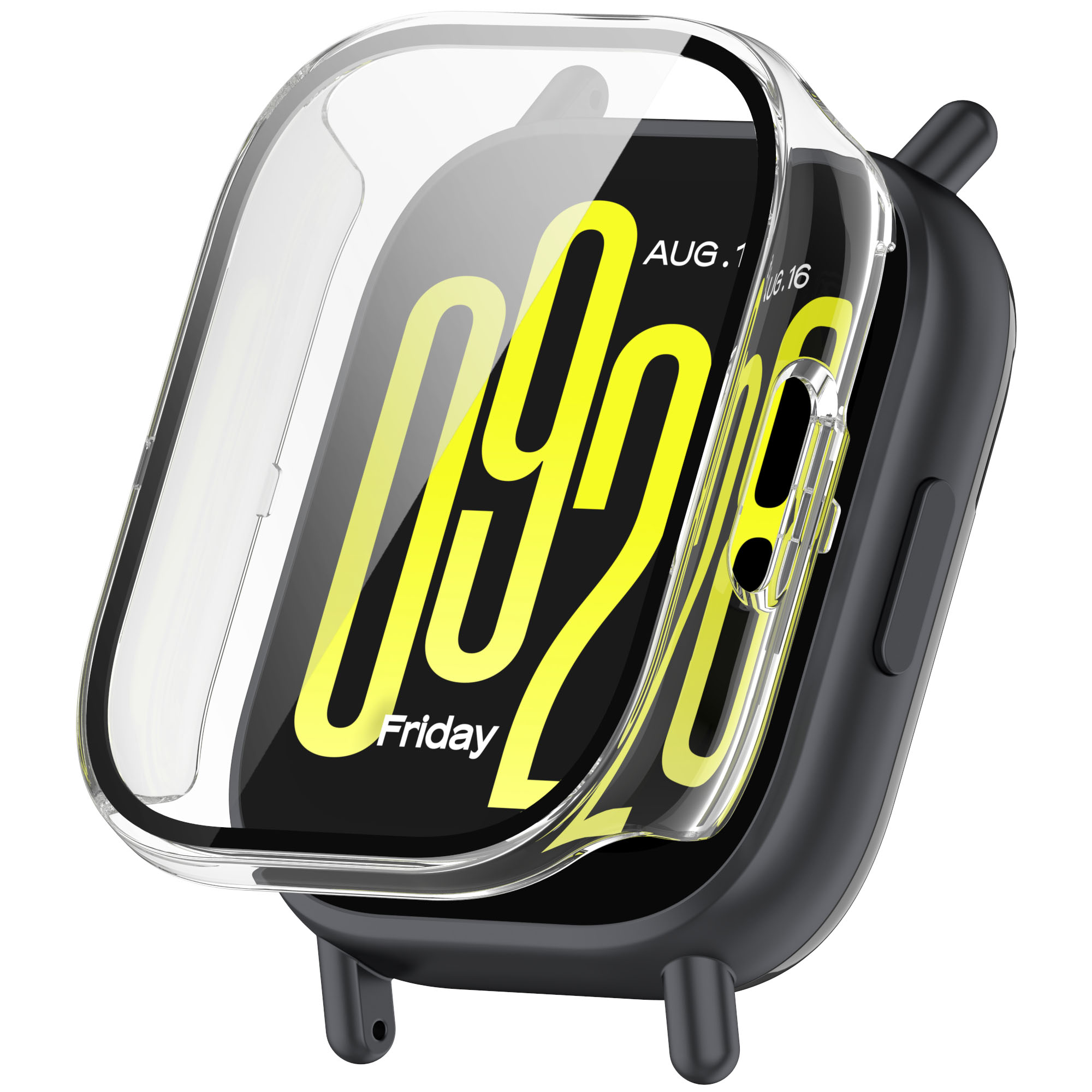 Smartwatch con funda protectora transparente, mostrando fecha y hora.