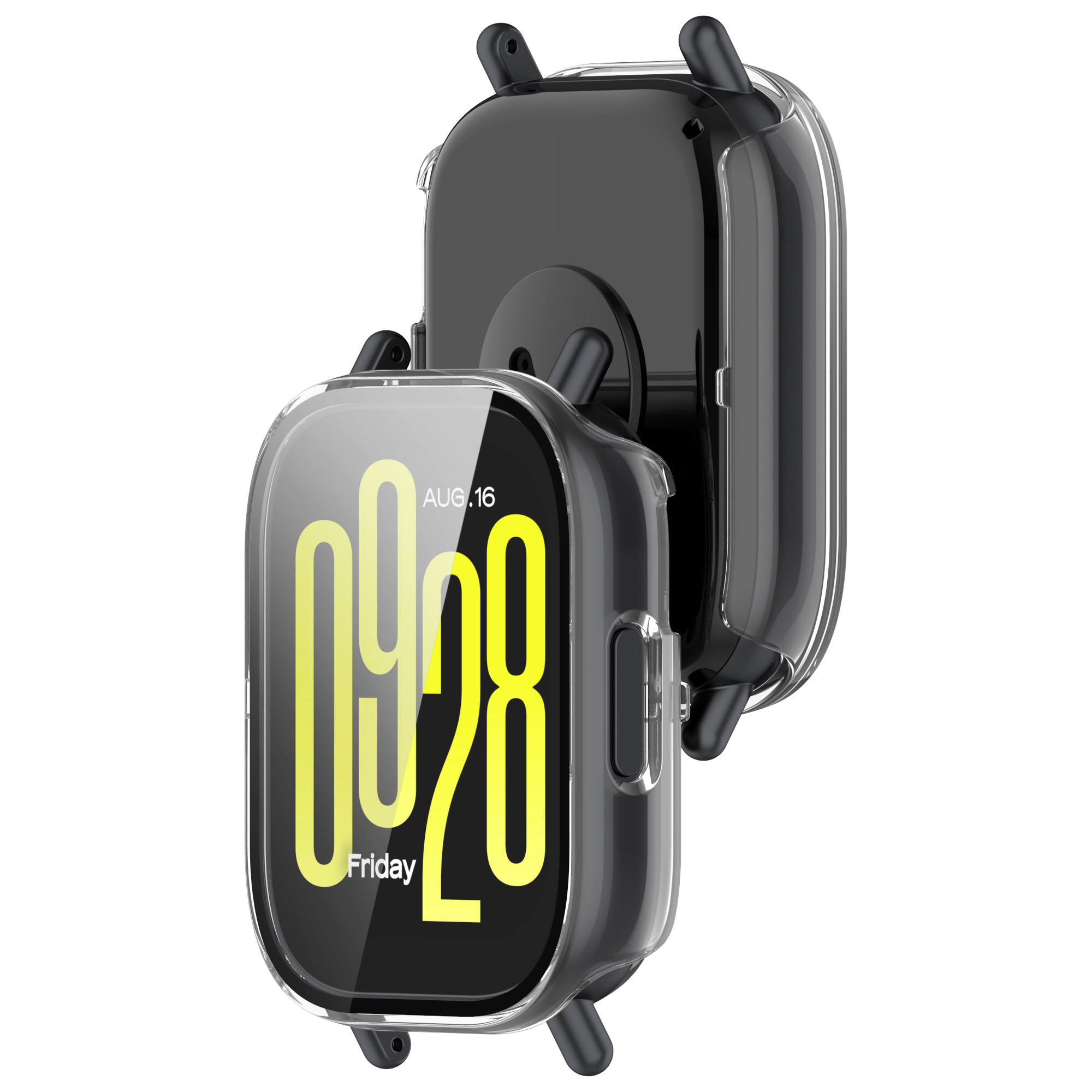 Dos smartwatches con fundas. Uno muestra la hora, el otro está en la funda.